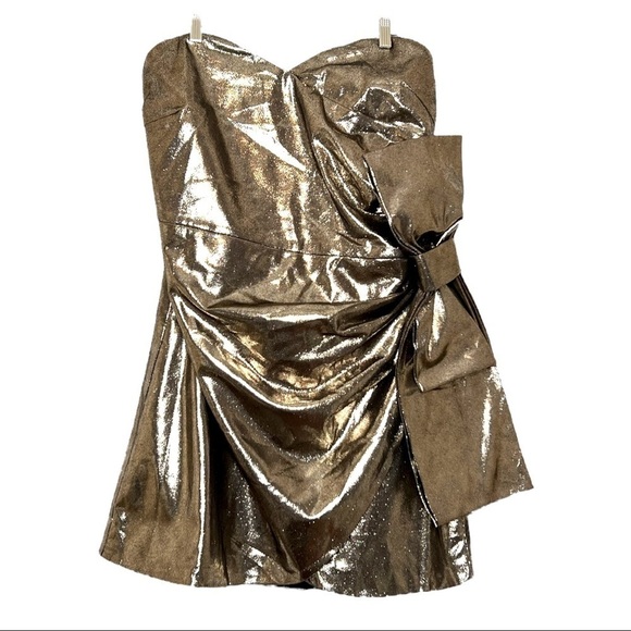 NWT Metallic Gold Sweetheart Neck Strapless Ruched Draped Bow Mini Dress 1x - Picture 5 of 8